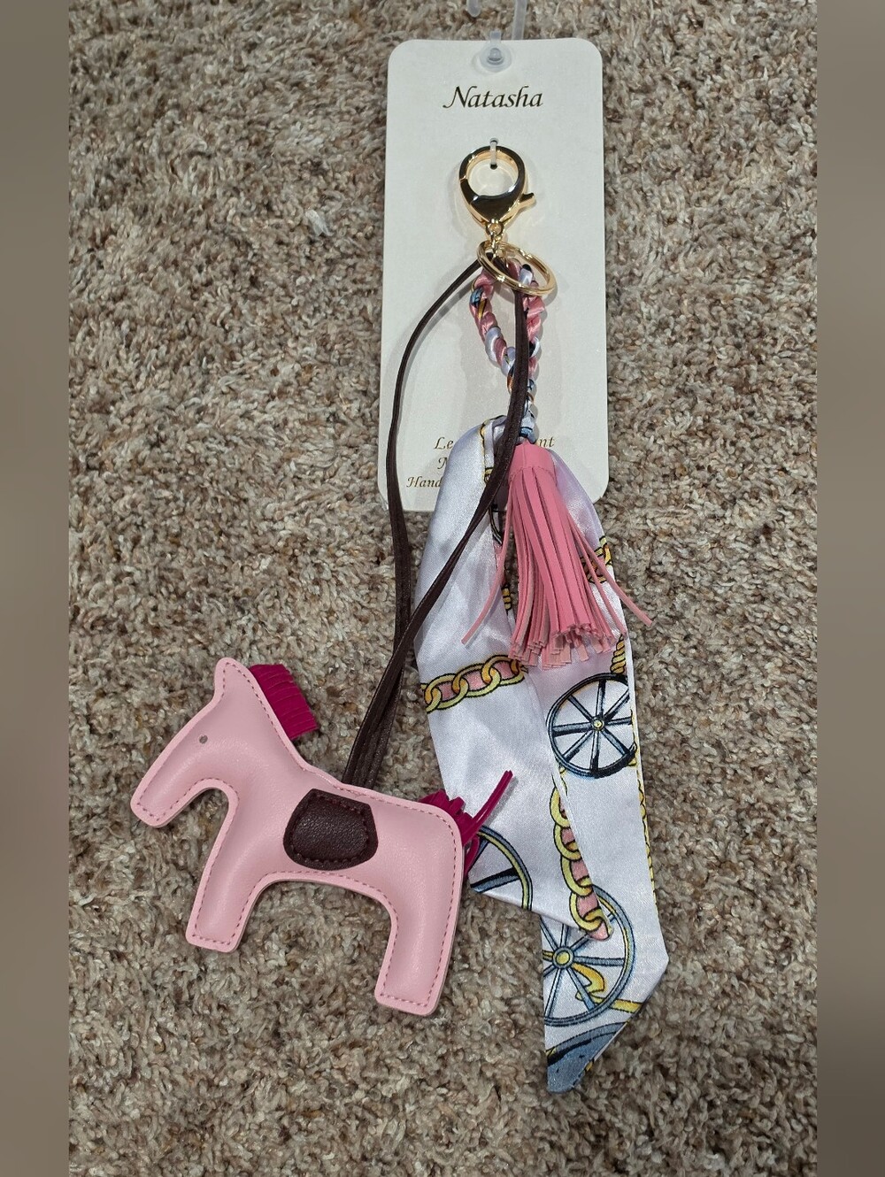 Pink Horse Charm Faux Leather Matching Tassel And Twilly New